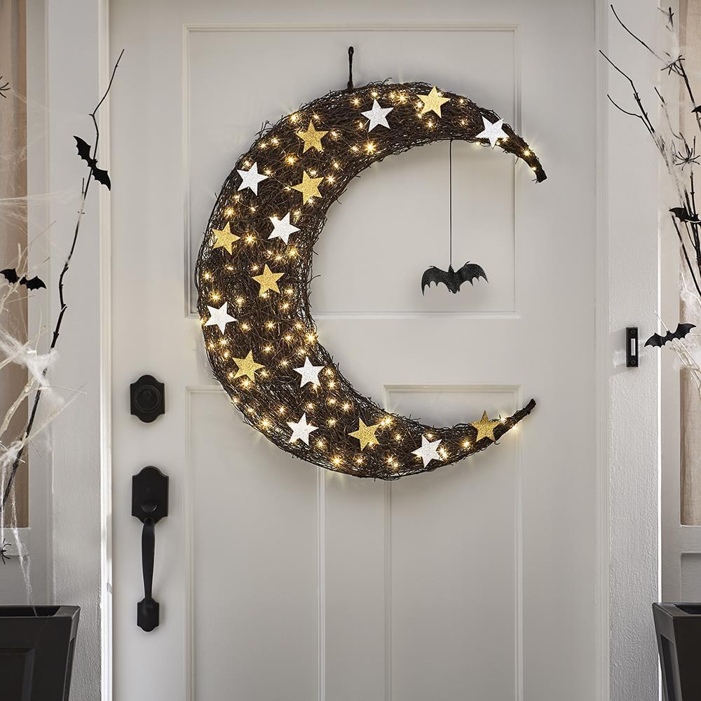 The Cordless Prelit Crescent Moon With Bat  |   Halloween Décor Halloween Décor Halloween Décor