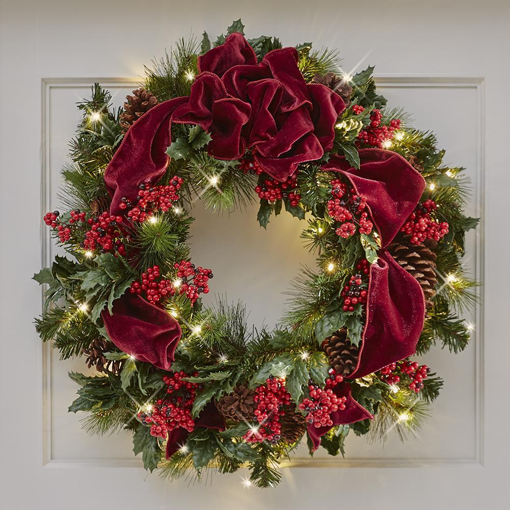 The Cordless Prelit Holly/Berries/Ribbon Holiday Trim  |   Wreaths & Garlands HOLIDAY Wreaths & Garlands