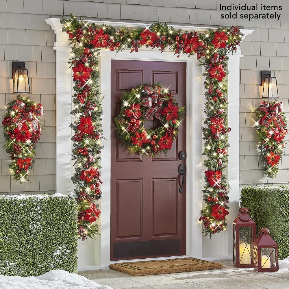 The Cordless Prelit Poinsettia And Ribbon Holiday Trim  |   Wreaths & Garlands HOLIDAY Wreaths & Garlands