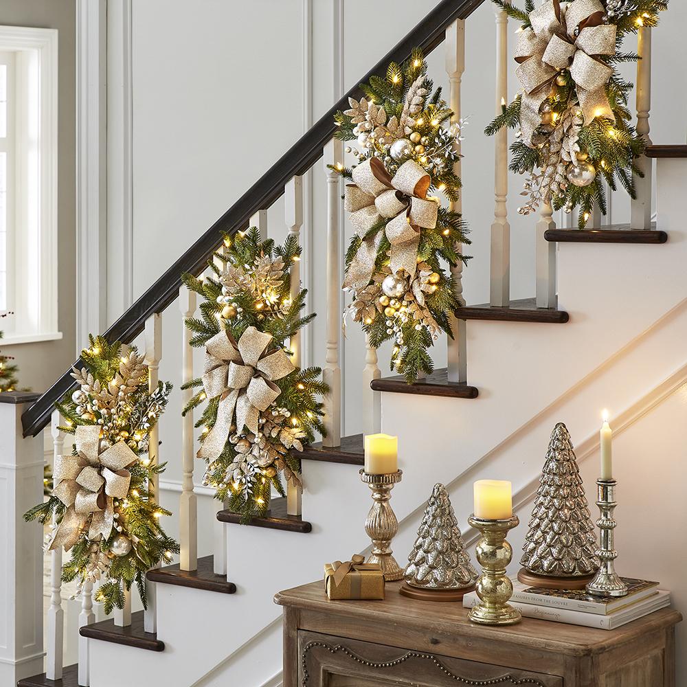 The Cordless Prelit Silver And Champagne Stairway Swag  |   Wreaths & Garlands HOLIDAY Wreaths & Garlands